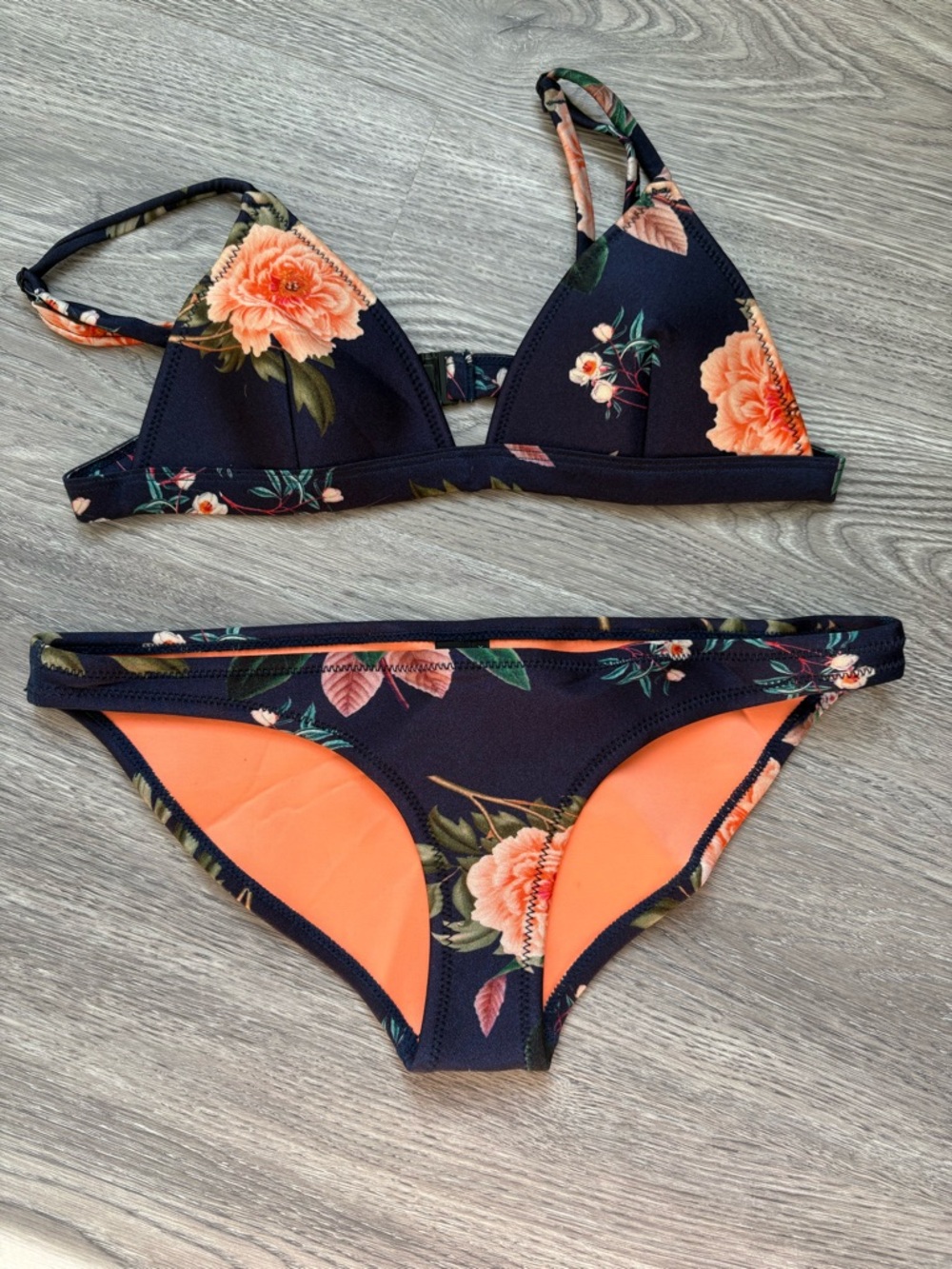 Triangl Navy Floral Neoprene Bikini Set with Matching Bag - Top S / Bottom XS - Picture 5 of 13